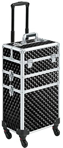 Yaheetech Rolling Makeup Train Case 3 in 1 Makeup Trolley Professional Cosmetic Case with Large Storage & 360° Wheels Hairdressing Beauty Case, Black