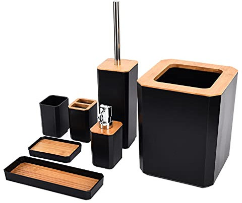 Buachois 7 Pièces Accessoires Salle Bain Set Porte-Brosse à Dents Bambou, Boîte Savon Brosse De Toilette Poubelle Bouteille Lavage des Mains Kit Tasse Bouche, Le Noir