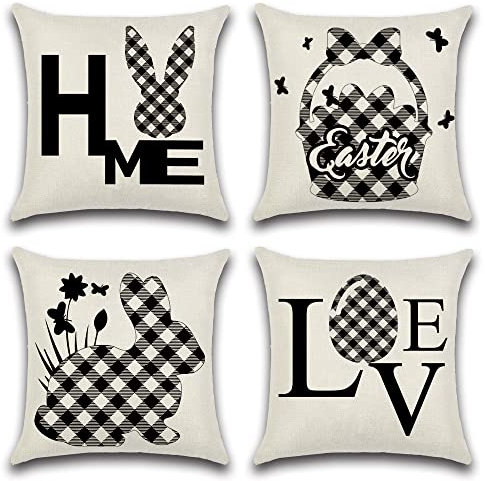 Ohok 4er Set Ostern Karierter Hase Dekorativ Kissenbezug 45x45 cm, Polyester Leinen Zierkissenbezüge mit Verstecktem Reißverschluss, Dekor Kissenhülle Set für Schlafzimmer Wohnzimmer Sofa Couch Auto