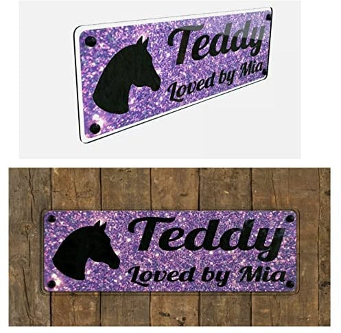 Tags4Nags Horse Name Stable Plate Purple glitter effect Design with black writing horse lover gift girl boy