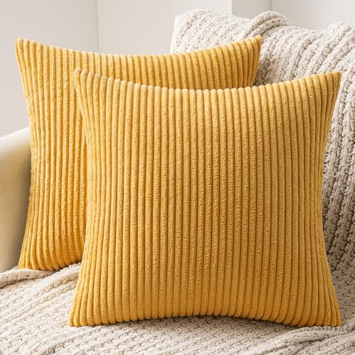 MIULEE 2er Set Kissenbezüge Kord Kissenhülle Dekorative Kissenbezug Sofakissen Couchkissen Dekokissen Zierkissenbezug Kuschelkissen für Sofa Schlafzimmer Wohnzimmer 60x60 cm Senfgelb