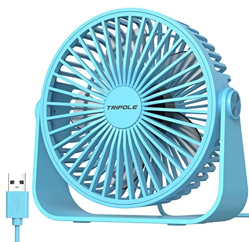 TriPole USB Desk Fan, 3 Speeds Strong Airflow, 360° Rotation Mini Personal Fan, 5.5 Inches Portable for Desktop, Office, Home, Bedroom, Car, Outdoor, Camping, Blue