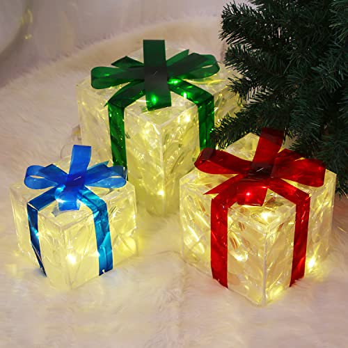 DIYASY Set of 3 Light Up Christmas Parcels, Battery Operated Christmas Parcel Lights Presents for Christmas Decorations Indoor 19/16/13 cm