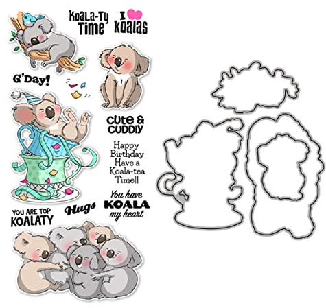 Tiere Stanzformen und Stempel-Sets für Kartenherstellung DIY Scrapbooking Koalas Metall Stanzform und Transparent Silikon Siegel Stempel für Papier Basteln Handmade Crafts Koala-Ty Time Words Stamps