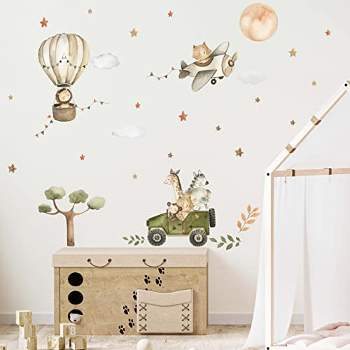 WANDKIND Safari Tiere Afrika Wandtattoo Safari Kinderzimmer V368 | handgezeichnet | AUFKLEBER Kindergarten | Wandsticker Dschungel mit Löwe Elefant Giraffe Zebra (50 x 50 cm)