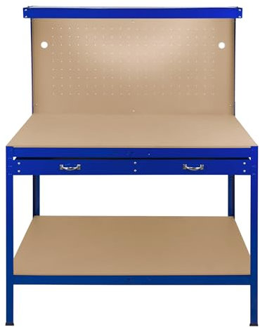 Banco de Trabajo Azul con Tablero de Clavijas,Cajón+Luz LED, Mesa de Trabajo Estantes Taller Garaje Bricolaje Almacenamiento Herramientas Capacidad Peso 370kg | 40 Ganchos+Mazo de Goma | 60x155x120cm