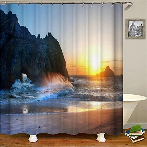 Duschvorhang 120x180 cm Die Wellen, aus Stoff Polyester Waschbar Anti Schimmel Cliff Shower Curtains, Duschvorhänge Curtains mit Haken