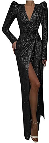 FunAloe Plus Size Maxi Dresses Womens Evening Dresses Party Dresses for Teenagers Modest Prom Dresses Long Sleeve V Neck S Plain Shoulder Pads Slit Trailing Dress Shoulder Pad Trailing Dress Black