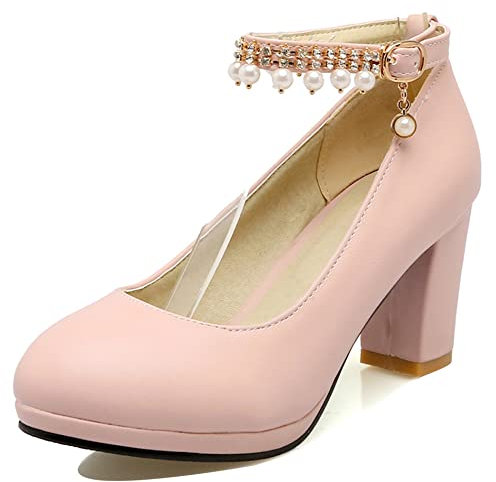 Décolleté con Tacco Largo da Donna, Pompe al Tallone Alto Punta Rotonda Fibbia Scarpe da Sera con Plateau con Cinturino alla Caviglia Beaded Eleganti Solid Scarpe Vrmwek Rosa Numero 47 EU
