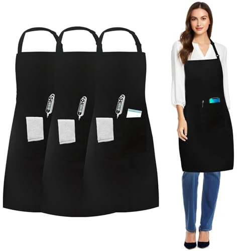 umboom 3 Piezas Negro Impermeable Delantal, Ajustable Cocina Delantales con 3 Bolsillos para Hombre Mujer, Profesional Trabajo Delantal para Chef Camarero Peluquero Restaurante (Impermeable)