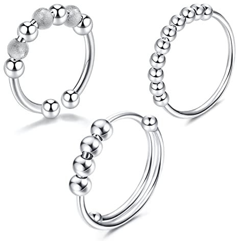 BOZILY Angst Ring Damen 3Pcs Silber Edelstahl Verstellbare Spinning Anxiety Ring mit Band Anti Stress Ring Fidget ring Dekompressionsring Zappelringe Dünner Spinner Ring Stapelbare Ringe für Angst