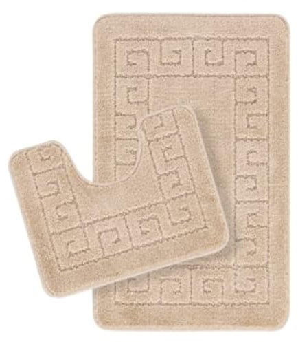 Surya Badezimmerteppich Set 2-teilig - Badvorleger rutschfest waschbar 50x80 cm - Badteppich Set, enthält waschbare, saugfähige WC Vorleger für Bad, Dusche und Fußmatte, Badematte Beige