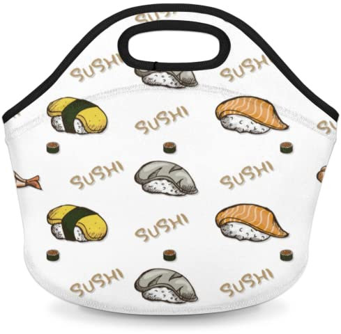 Bonita bolsa de almuerzo de neopreno para sushi, patrón de sushi de alimentos, pequeña lonchera aislada, contenedor de mano, bolsa de picnic cálida para mujeres y hombres