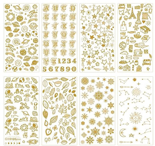 HLIWS 8 Blätter Gold Glitter selbstklebende Alphabet Sticker, Geschenk Alphabet Sticker, Stamping Prozess, für Scrapbooking, Fotos, DIY Crafts (8 Arten)