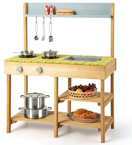COSTWAY Mud Kitchen Age 3+, Wooden Kids Play Kitchen with Removable Sink, Stove Top, Storage Shelves, Pretend Kitchen Playset for Boys and Girls 3+ (Green)