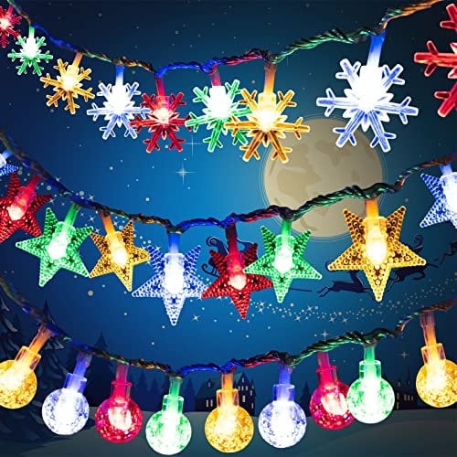 Yikki 3 Pack Christmas Fairy Lights Battery Operated, 30FT/60LED, Xmas Tree Lights Indoor Outdoor String Lights, Snowflake Star Crystal Bulb Waterproof Decorations Lights for New Year Party