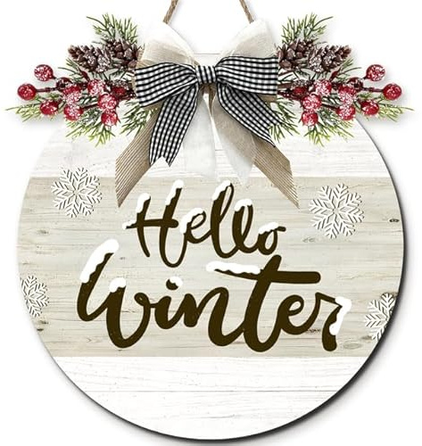 Horienteeon Hello Winter Wood Sign for Front Door Porch, Winter Welcome Farmhouse Door Hanger for Outdoor Outside Decor, Rustic Snowflakes Wooden Wreath Wall Hanging Decoration 30cm