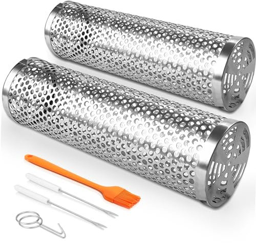 Rollende Grillkörbe für Outdoor-Grillen, 2 Stück Grillkorb aus Edelstahl, Grill BBQ Net Rohr, tragbare Grillnetze Zylinder geeignet für Gemüse, Pommes, Fisch, Garnelen