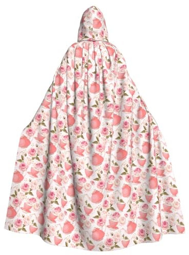 Tea Cups With Roses Romantic Shabby Womens Mens Full Length Carnival Cape With Hooded Cosplay Costumes Cloak,185cm