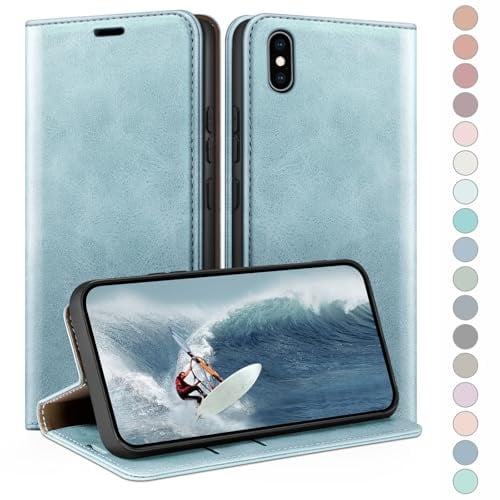 HUOUH für iPhone X/XS 5,8 Hülle mit RFID Schutzhülle aus Lederhülle Handyhülle,360 Grad Schutz Case,Kartenfach Leder ständer Handy hülle für Apple X/XS Klapphülle Wallet Cover Hellblau