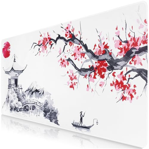 Sevenpers Mousepad Sakura-Muster,XXXL Japanische Kunst Fuji Mauspad,Überdimensionales rutschfeste Gummimatten Gaming-Mauspad für Tisch,Desktop-Computer,PC (1200x600mm,Weiß)