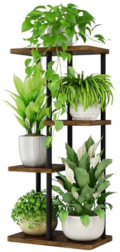 Bamworld Pflanzenständer Indoor Metall Pflanzenregal Outdoor Schwarz Pflanzenhalter 4 Etagen 5 Topf für mehrere Pflanzen Eckpflanzentisch für Terrasse Garten Balkon Wohnzimmer(39x23x78cm)