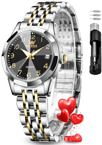 OLEVS Damen-Armbanduhr, Edelstahl, wasserdicht, Diamanten, kleines Zifferblatt, Quarz, analog, modisch, Gold, Schwarz, Weiß, blaues Zifferblatt, Damen-Armbanduhr, L9970: zweifarbiges Armband und