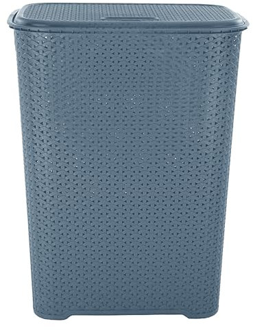 M1SS 1 X Blue 65L Litre Large Laundry Basket with Flip Lid Knit Design Plastic Large Hamper, Washing Baskets Linen Clothes Box Freestanding Sturdy Tall Laundry Sorter Bin Storage for Bathroom, Bedroom