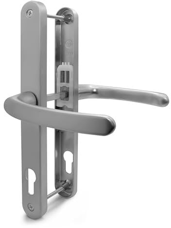 TSS Silver UPVC Door Handle Pair Set, 92mm PZ (Centres), Sprung, Lever Lever, 240mm Screw to Screw (Screw centres), Backplate 270mm x 32mm - Replacement PVC Door Handle in Silver