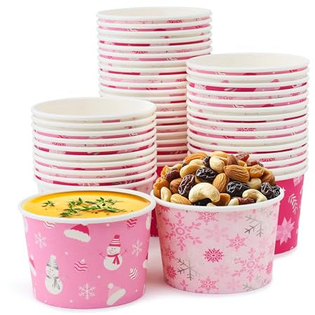 ROYAL BLUEBONNET Disposable Pink Christmas Soup Bowls – 48 8 oz Pink Winter Snack Cups, Pink Christmas Party Decorations, Pink Paper Bowls for Chili, Holiday Ice Cream Cups, Pink Holiday Snack Cups
