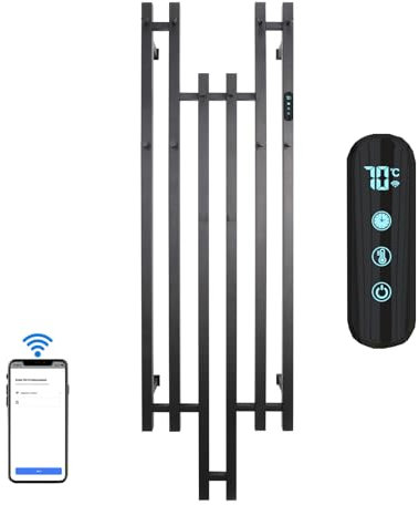 ESOP Handtuchheizkörper Elektrisch Schwarz 160W Handtuchtrockner Elektrisch 922*424 mm WIFI Intelligente Konstante Temperatur Badheizkörper Elektrisch 6 Stangen Handtuchwärmer Elektrisch mit 12 Haken