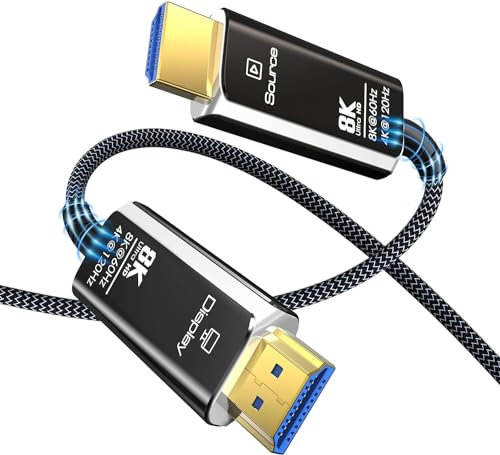 DGHUMEN Cable HDMI de Fibra Óptica 8K 4K 20M, Cable Óptico HDMI 2.1 trenzado de nailon de ultra alta velocidad, 8K@60Hz 4k@120/144Hz HDR eARC 3D Dolby HDCP 2.2 para PS5, Xbox Series X, PC, TV