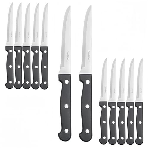 SanheKit Juego de cuchillos de carne, 12/36 piezas, acero inoxidable con alto contenido de carbono, diseño de caña completa, mango de plástico, cuchillo de carne dentado, cuchillo de mesa afilado,