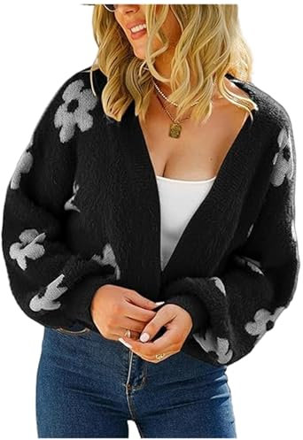 HEYPORK Damen Herbst Winter Warm Bequem Pullover Casual Mode Strickjacke Strickpullover Frauen Strickjacke StraßE Hipster Kurz Gestrickt Blumen Pullover(A Schwarz, L)