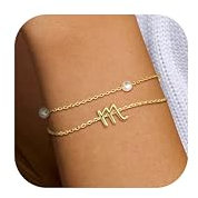 Dochais Armband Damen Buchstaben - 14K Gold Vergoldete Charm Armbänder mit Initialen, Wasserfestes Perlen Buchstaben Armkette Set für Frauen Mädchen, Goldene Bracelet Schmuck Geschenk