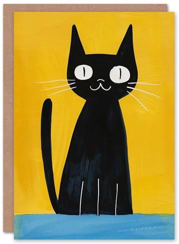 Artery8 Quirky Black Cat Lover Bold Yellow Blue Painting Blank For Him Or Her Art Birthday Card