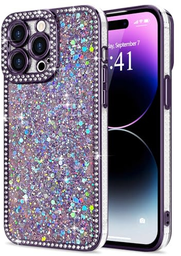 Lafunda for iPhone 14 Pro Case Glitter Sparkly Shiny, Purple | Bling Luxury Phone Cover with Crystal Diamonds Rhinestone, for Women Girls Soft TPU Slim Shockproof Protective Phone Case