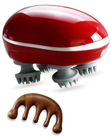 Elektrisches Kopfmassagegerät mit Infrarot Wärmelampe + Holzmassagekamm | Trocken & Nass (IPX7) | 10 Min Akkulaufzeit (wiederaufladbar - inkl. Ladekabel) | Tiefenreinigung für die Kopfhaut (Rot)