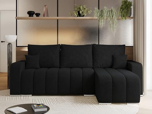 MKS MEBLE Sofa mit Schlaffunktion - Ecksofa mit Schlaffunktion und Bettkasten - Sofa 3 Sitzer - Schlafsofa - Couch - Schlafsofa mit Bettkasten - Kirasso L - Schwarz Boucle