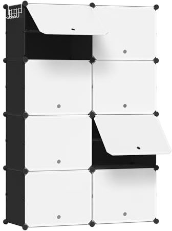 WOLTU Schuhregal mit 8 Fächern, Schuhaufbewahrung für 32 Paar Schuhe, Schuhschrank für Flur Wohnzimmer Schlafzimmer, Schuhorganizer mit Türen, aus modularen PP-Platten, Weiß + Schwarz