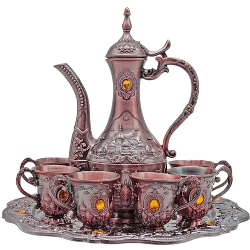 Lot de 6 tasses à thé, café turc et théière avec théière, plateau à thé | Service à thé vintage en métal avec armoire, flasque, décoration de fête, style moyen-oriental, grec