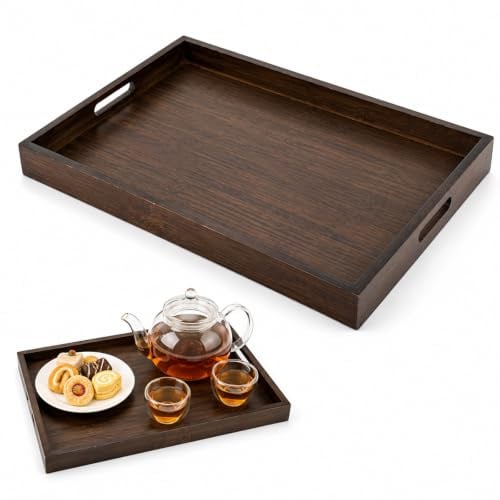 YYTECH Serviertablett aus Walnussholz, Rechteckiges Serviertablett Groß mit Griff, 44 x 30 x 4 cm, Frühstückstablett Rechteckiges Holz Tablett für Frühstück Snacktablett Getränke Kaffee