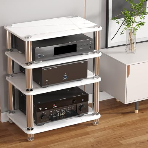 Meuble HiFi Tablettes en Verre Trempé, Pieds Amortisseurs à Chaque Niveau, Idéal pour La Maison Le Bureau Le Studio D'enregistrement(White,60 * 40 * 76cm)