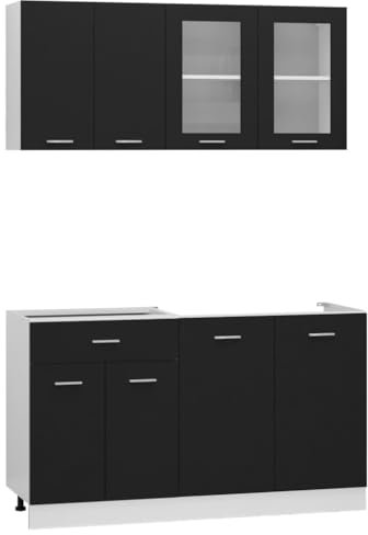 ChicAbode 4-TLG. Küchenzeile Lyon Schwarz Holzwerkstoff Einbauküche Küchenblock Hängeschrank Spülenunterschrank Schubunterschrank Hängeglasschrank