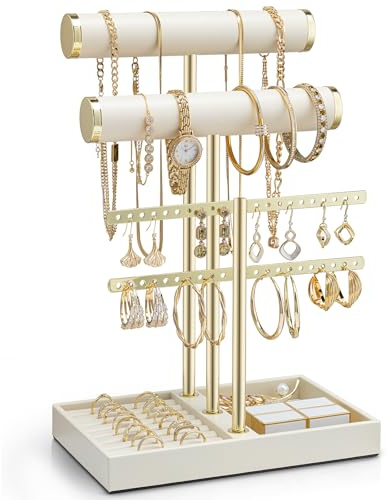 Vlando 3-stöckiger Halskettenhalter mit Tablett, Leder-Armbandhalter, Display für Damen, goldener Schmuckständer für Armband, Halskette, Ohrringe, Ringe – Wolkenweiß