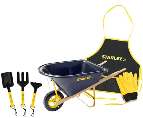Stanley Jr. Kids Wheelbarrow Set – 6-Piece Durable Toddler Wheelbarrow & Garden Tools – Child Outdoor Toy for Ages 3+ – Fun, Educational Backyard Play with Apron, Gloves & Tools