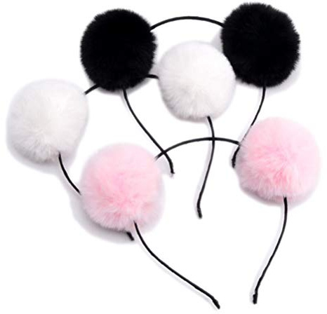 3 Pcs Panda Ohren Stirnband Flauschige Pom Pom Haar Hoop Kostüm Party Kopf Bekleidung Zubehör für Halloween-Weihnachts Geburtstag (Schwarz Weiß Pink)