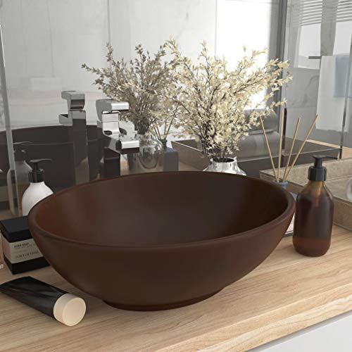 Lavabo da Appoggio Ovale in Ceramica, Design Elegante con Finitura Opaca, Lavandino Bagno Moderno Marrone Scuro, 40 x 33 cm