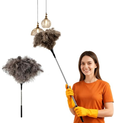 Retractable Ostrich Feather Duster, Stainless Steel Handle & Genuine Feathers, Feather Duster Extendable (18.9, 49.6 Inches, Detachable for Cleaning High Ceilings Lights, Cupboards, Home, Car, Office)