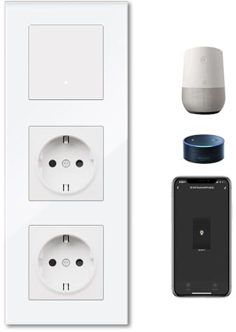 BSEEDLIFE Smart Wifi Lichtschalter mit Normal Steckdose, Glasrahmen Intelligente Taste Schalter Unterputz Kompatibel mit Alexa und Google Home, 228*86mm 1-Fach Wandschalter*1+Schuko Steckdose*2, Weiß